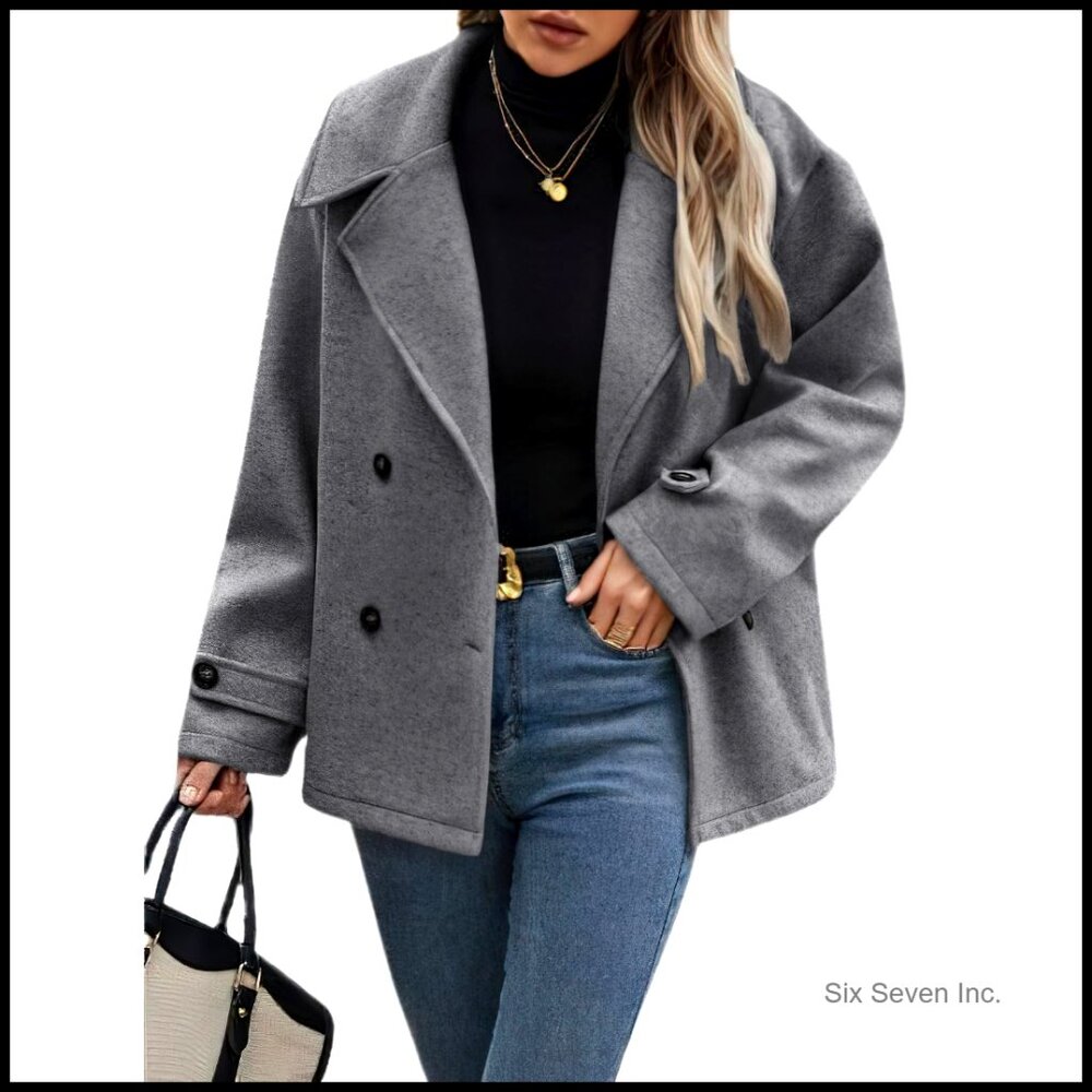 Wool Blend Pea Coat Cropped Blazer Jacket Loose Fit Double Breasted